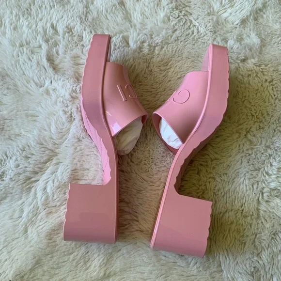 New GUCCI Wild Rose Pink Rubber GG Logo Slides Heel Mules Sandals Women’… - Picture 7 of 12